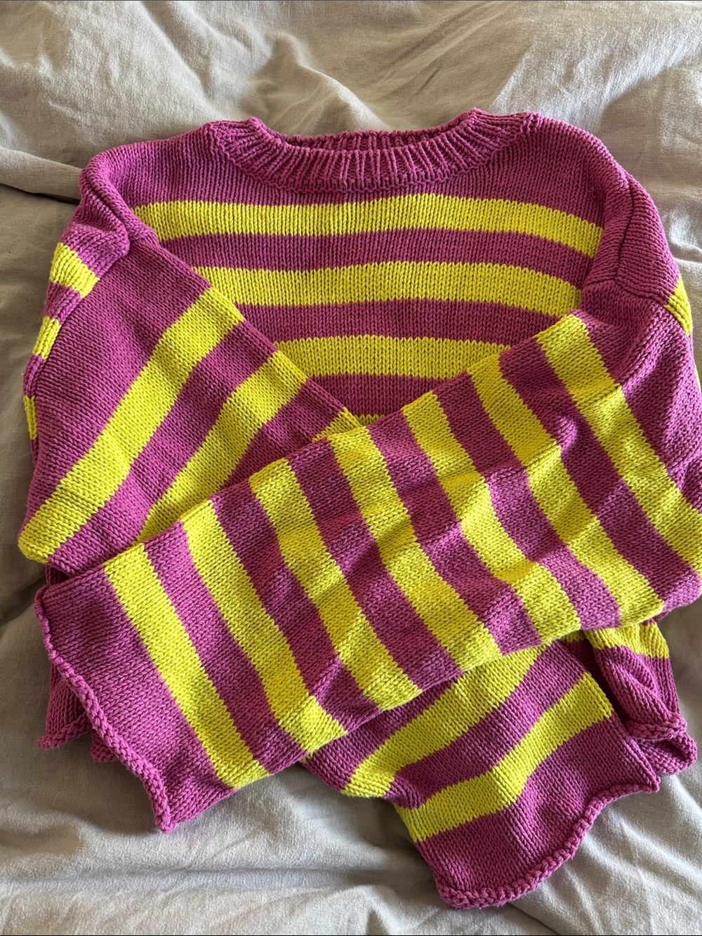 Zara Magenta and Yellow Striped Crewneck Sweater